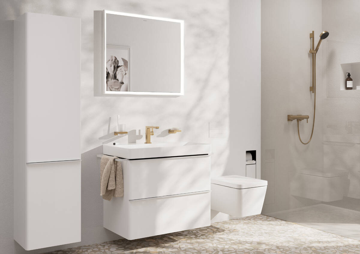 Однорычажный смеситель для раковины Hansgrohe Tecturis E 110 Fine CoolStart EcoSmart+, донный клапан Push-Open, Brushed Bronze