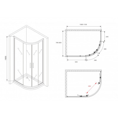 Душевой уголок 110x80x195см ABBER Schwarzer Diamant AG01118M профиль черный, стекло прозрачное, универсальная установка