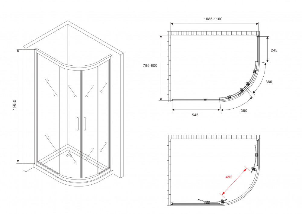 Душевой уголок 110x80x195см ABBER Schwarzer Diamant AG01118M профиль черный, стекло прозрачное, универсальная установка