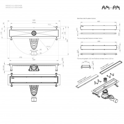 Трап для душа линейный AM.PM Masterflow Tile, универсальный затвор, 50 см, двухсторонняя вставка хром