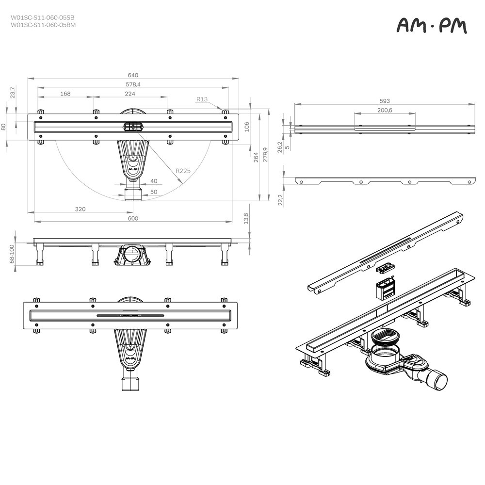 Трап для душа линейный AM.PM Masterflow Slim line, универсальный затвор, 60 см, хром