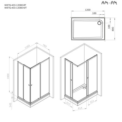 Душевое ограждение 120x80 см, без поддона черный профиль AM.PM Sunny W87G-403-12080-BT