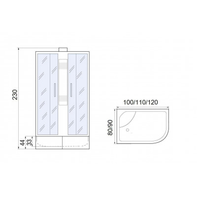 Душевая кабина 100x80x230см профиль хром матовый стекло с узором МОНОМАХ XL Б/К 100/80/44 МЗ L