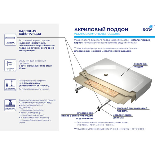 Душевой поддон 80х80х27 RGW BT/CL-S-A с ножками, белыйДушевой поддон 80x80