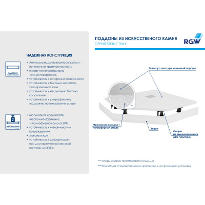 Душевой поддон трапеция RGW ST/T-W Белый 800x800 искусственный камень
