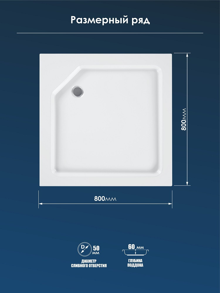 Акриловый душевой поддон 80x80x20 с каркасом и экраном 