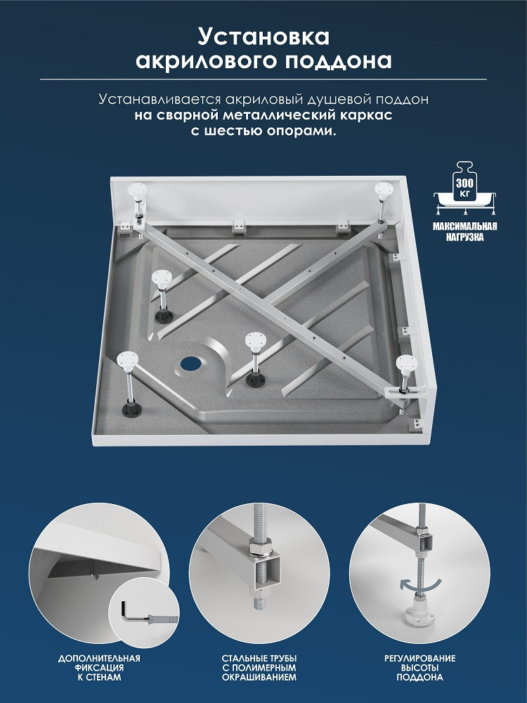 Акриловый душевой поддон 80x80x20 с каркасом и экраном 