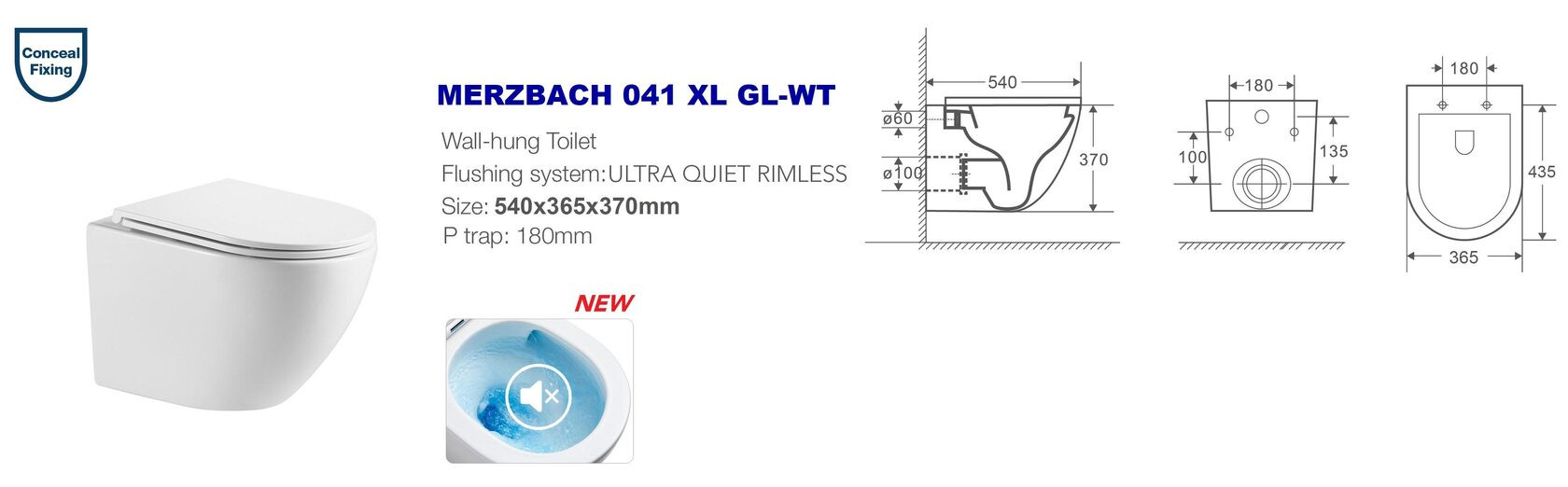 Безободковый подвесной унитаз 54х37х36 Welt Wasser MERZBACH 041 XL GL-WT, быстросъемное сиденье микролифт, белый глянец