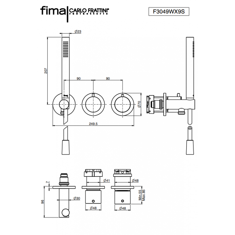 Встроенный термостатический смеситель для душа Fima Carlo Frattini Spillo Steel 2 источника с душевым комплектом