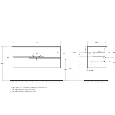 Тумба под раковину подвесная 100см графит Cezares DUET-1200-2C-SO-GR-P
