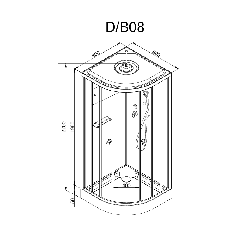 Душевая кабина 80x80x205 DTO D08SEL, с крышей, с электрикой, матовое стекло, профиль хром