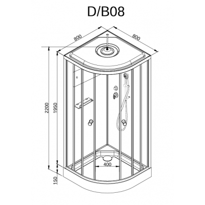Душевая кабина 80x80x205 Deto D08, без крыши, четверть круга, матовое стекло