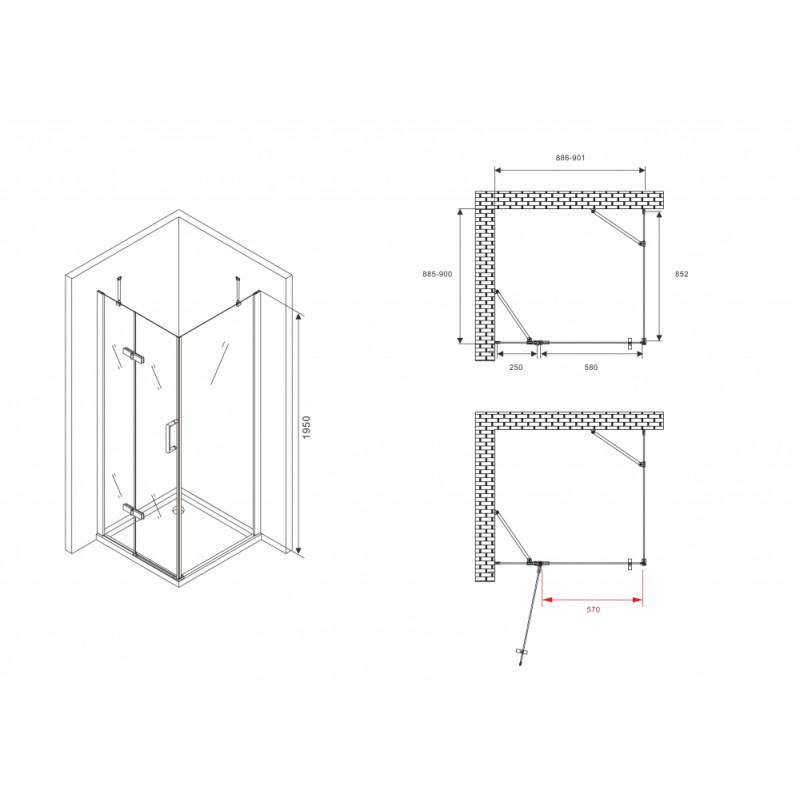 Душевой уголок 90x90x195см ABBER Zart AG08090-S91, стекло прозрачное, профиль хром 