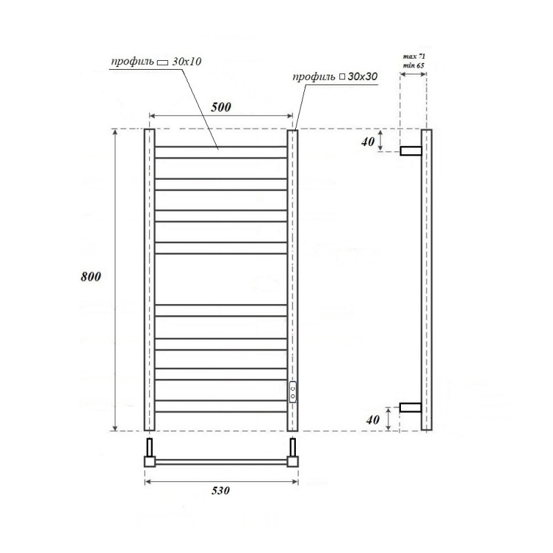 Полотенцесушитель электрический Point Меркурий PN83858 П8 500x800, диммер справа, хром