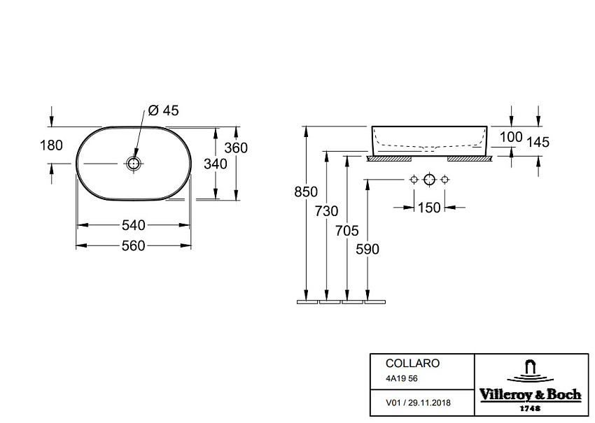 Раковина накладная Villeroy & Boch Collaro 560x360x145мм, Stone White CeramicPlus, без перелива