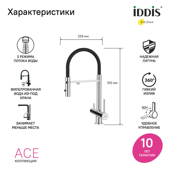 Смеситель для кухни Iddis Ace с каналом для фильтрованной воды, хром глянцевый