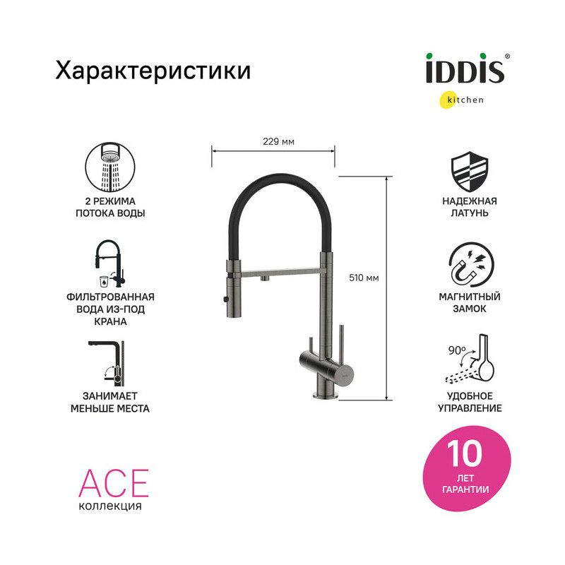 Смеситель для кухни Iddis Ace с каналом для фильтрованной воды, графит матовый