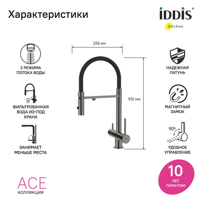 Смеситель для кухни Iddis Ace с каналом для фильтрованной воды, графит матовый