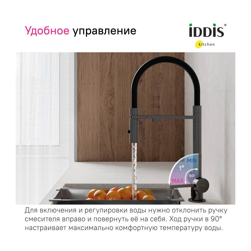 Смеситель для кухни Iddis Ace с каналом для фильтрованной воды, графит матовый