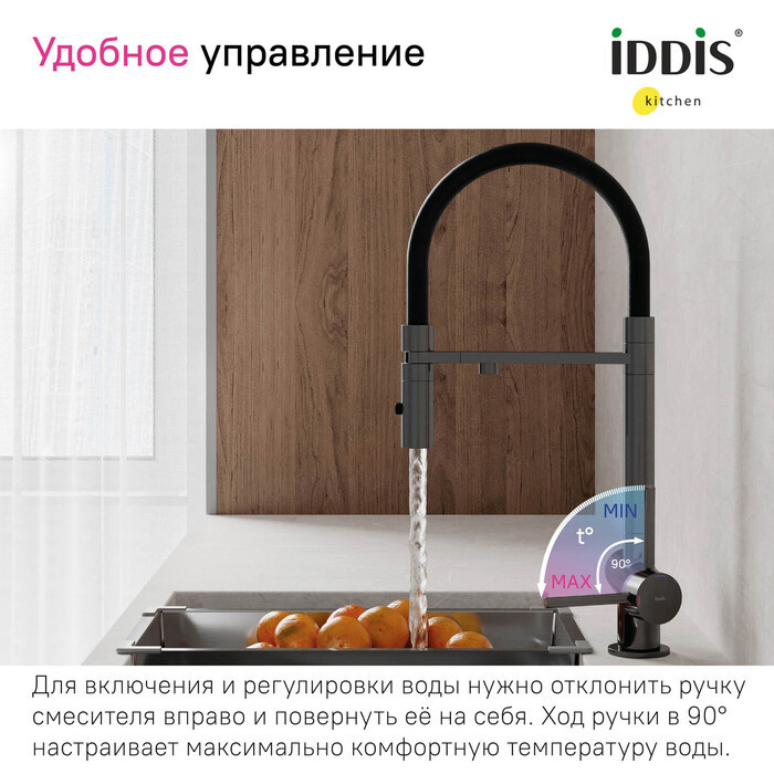 Смеситель для кухни Iddis Ace с каналом для фильтрованной воды, графит матовый