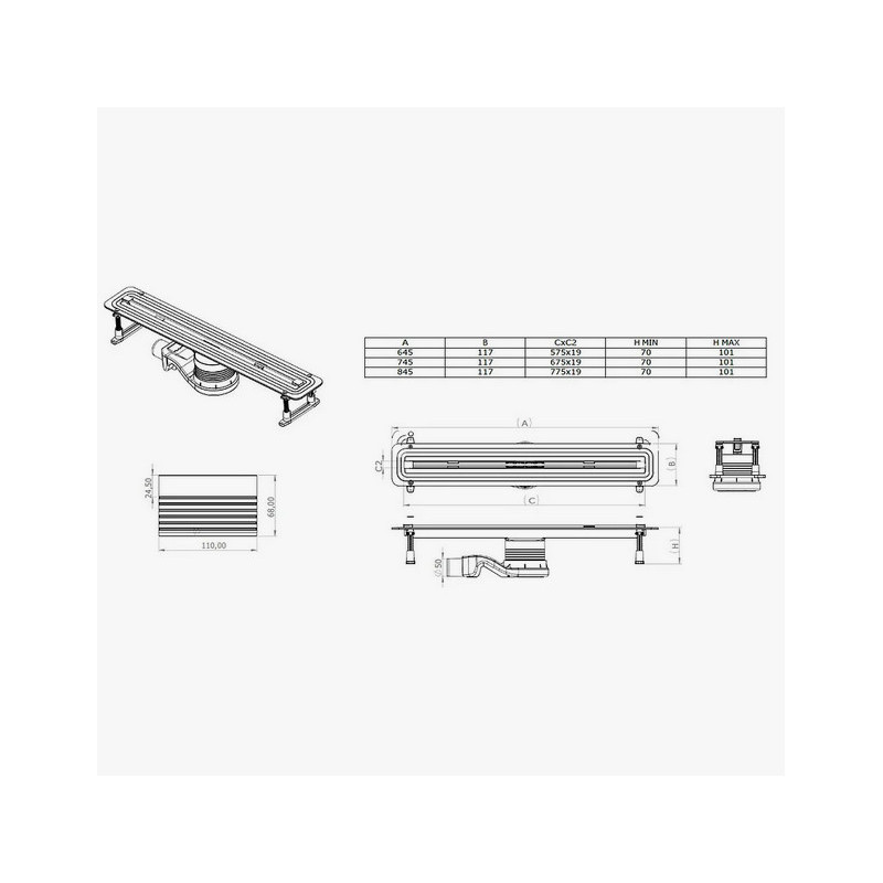 Душевой трап (лоток) CK DRAIN SET 1119-11065 65 см, с мокрым затвором, щелевой, с решеткой из нержавеющей стали