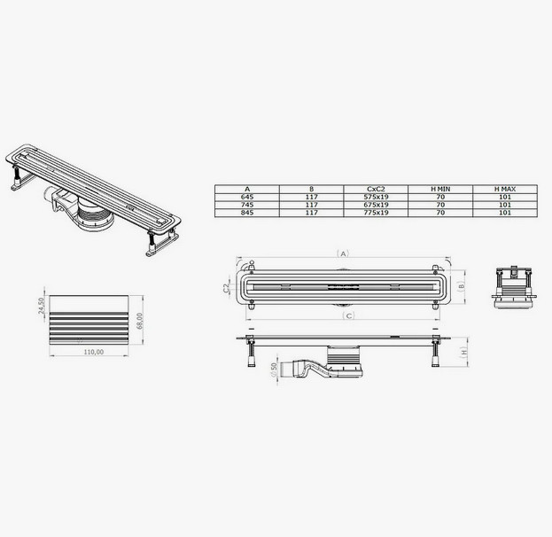 Душевой трап (лоток) CK DRAIN SET 1119-11065 65 см, с мокрым затвором, щелевой, с решеткой из нержавеющей стали