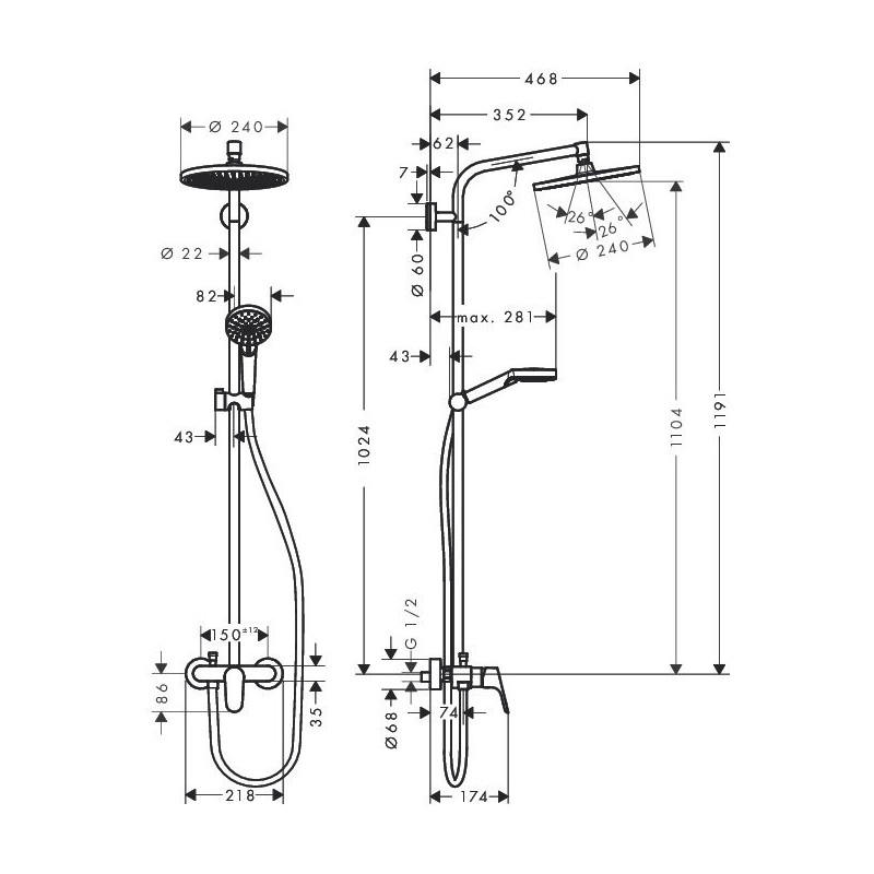 Душевая система с термостатом хром hansgrohe Crometta S 240 1jet Showerpipe 27269000