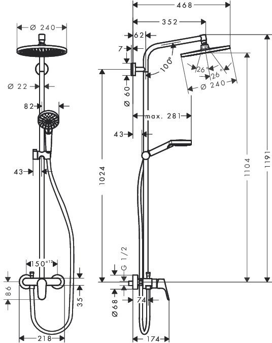 Душевая система с термостатом хром hansgrohe Crometta S 240 1jet Showerpipe 27269000