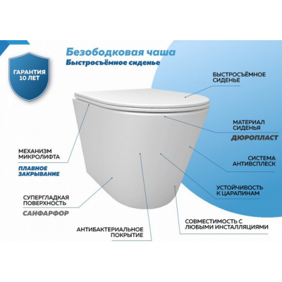 Унитаз подвесной безободковый 515x355x365мм Quwelle Surf белый, быстросъемное сидение с микролифтом