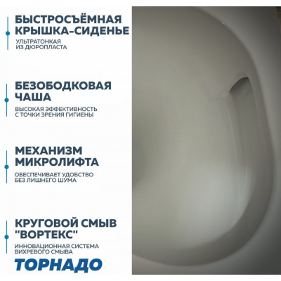 Унитаз приставной безободковый 570x360x410мм Quwelle Streamlined белый, быстросъемное сидение с микролифтом