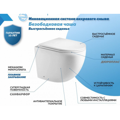 Унитаз приставной безободковый 570x360x410мм Quwelle Streamlined белый, быстросъемное сидение с микролифтом