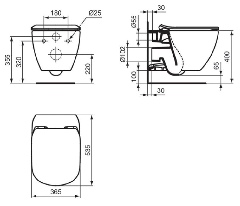 Подвесной унитаз 535x365мм Ideal Standard IDEALMOOD Aquablade с крышкой-сидением микролифт, черный матовый