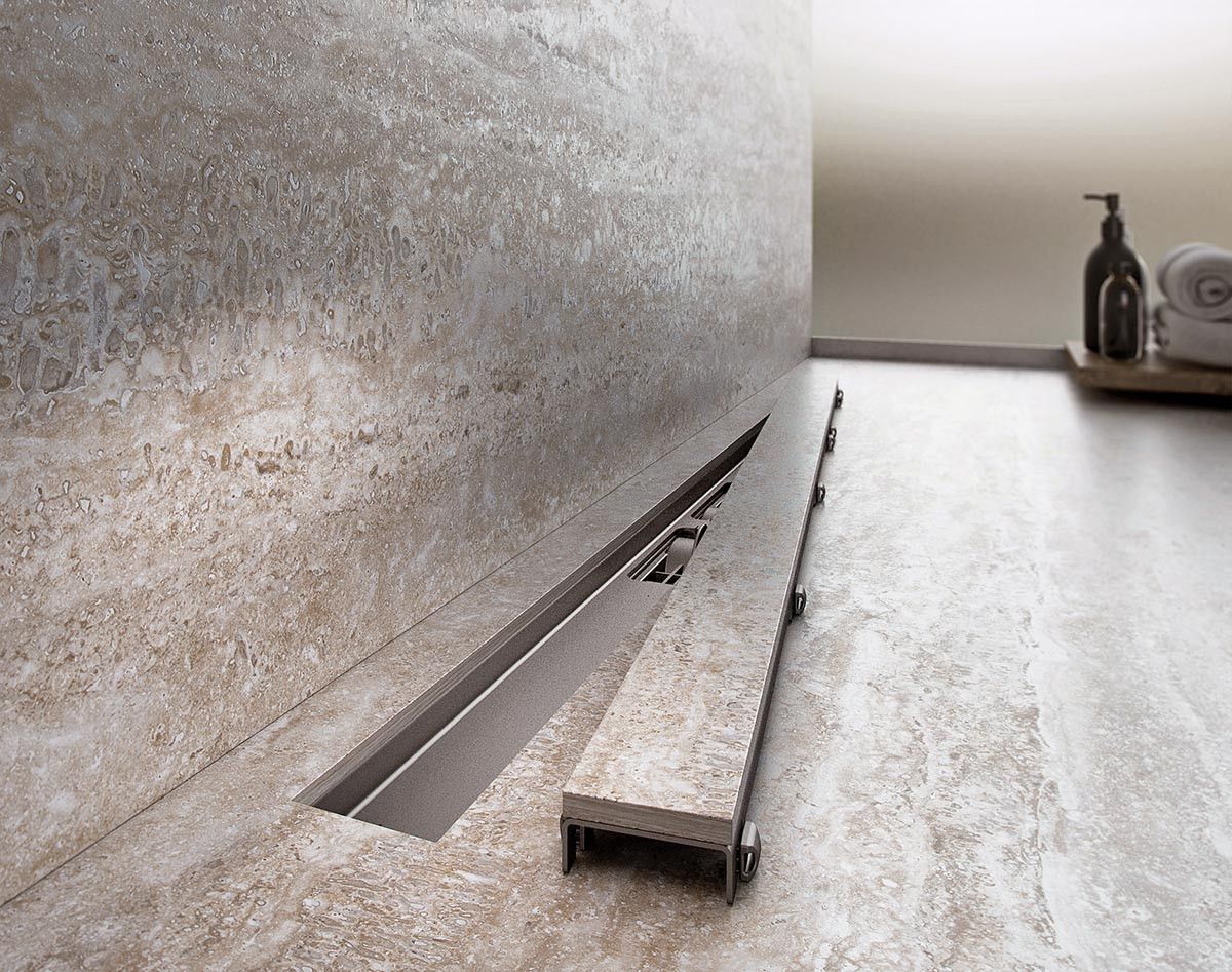 Водоотводящий желоб без порогов Alca Drain APZ15 Marble c решеткой под кладку плитки