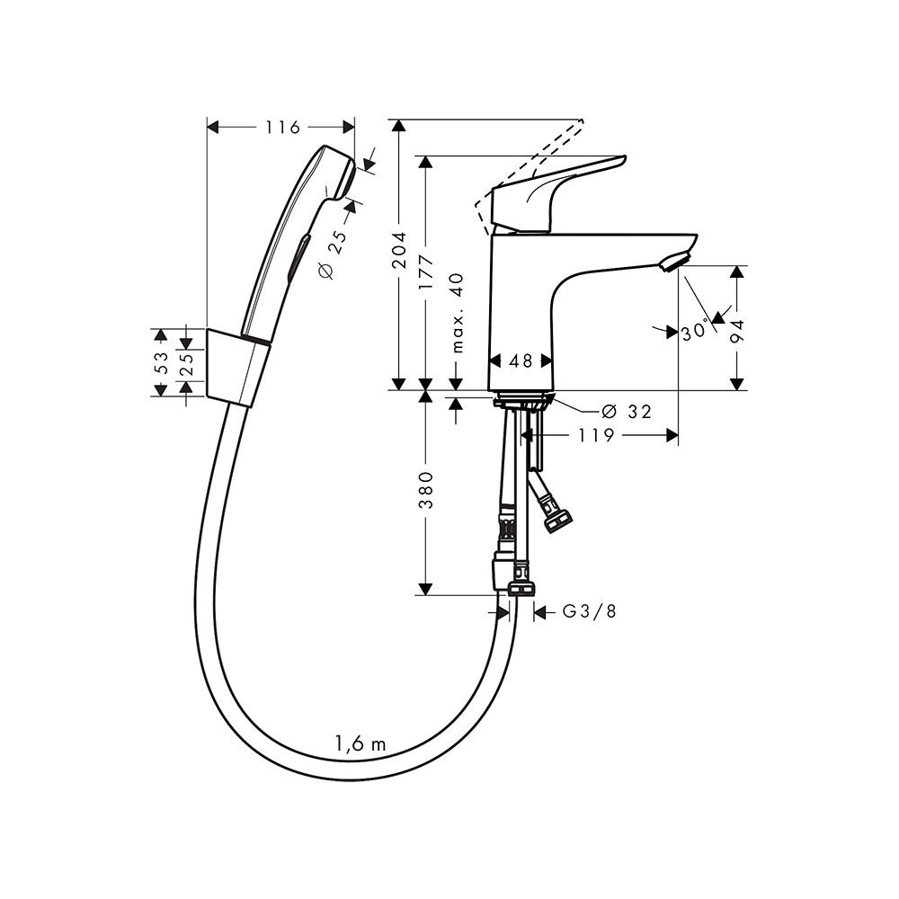 Смеситель для раковины Hansgrohe Focus 100, однорычажный, с гигиеническим душем и шлангом 160см, хром