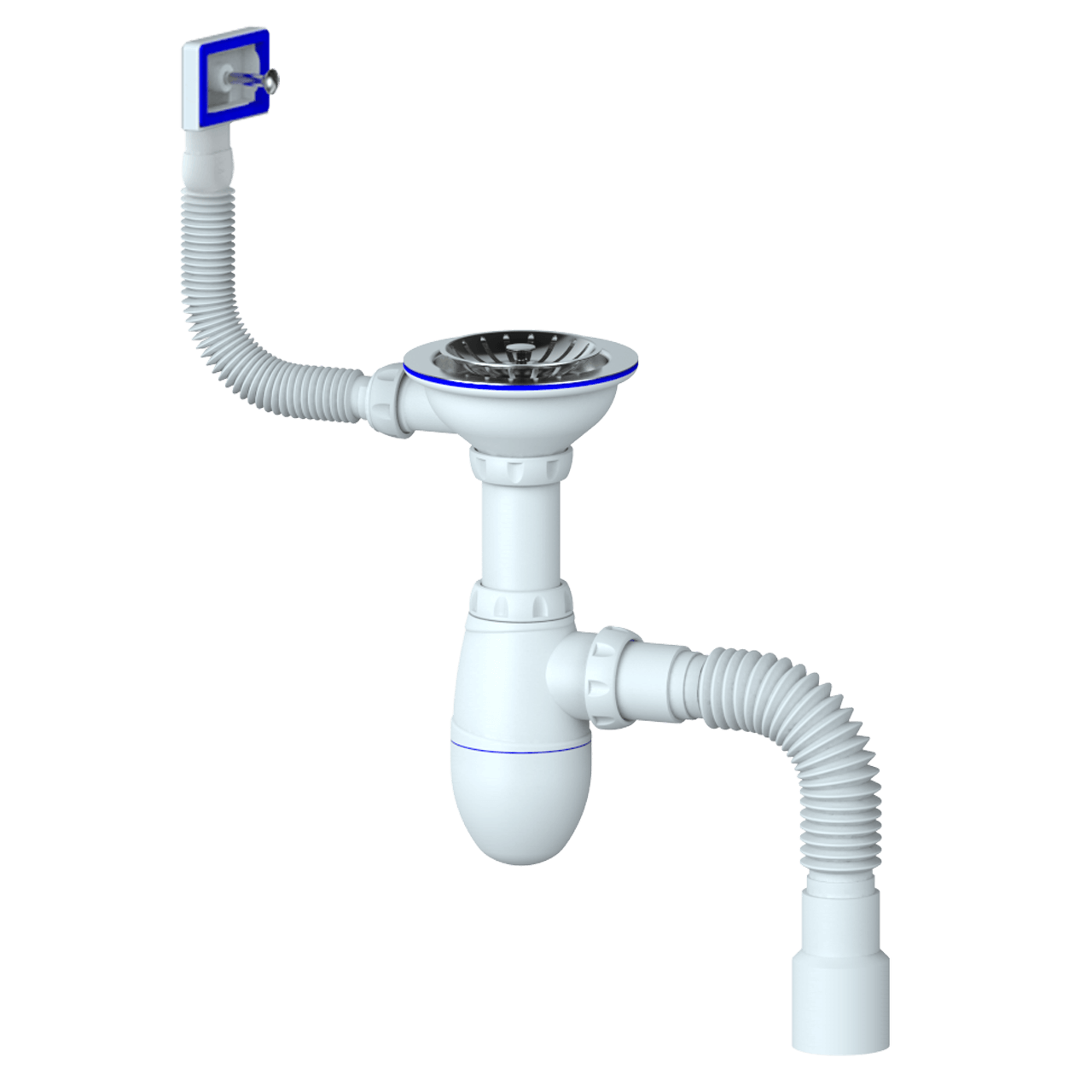 Сифон для кухонной мойки 3 1/2" Unicorn B425P квадратный перелив, гибкая труба 40x40/50