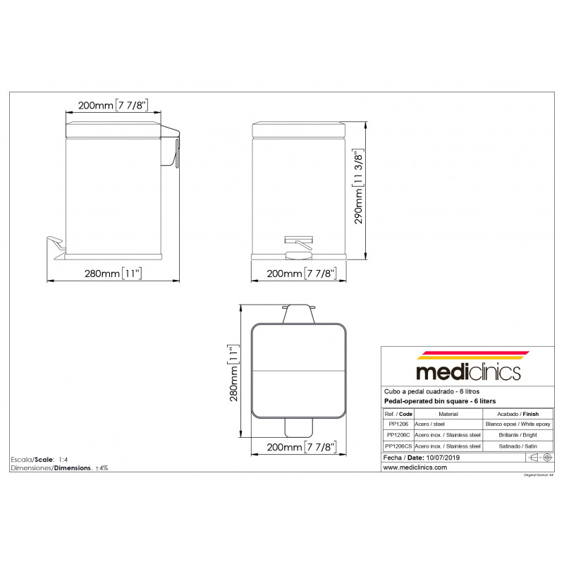 Ведро для мусора Mediclinics 6л., с педалью, квадратное, сталь, матовый хром