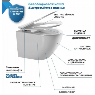 Унитаз подвесной безободковый 480x355мм Quwelle Streamlined белый, быстросъемное сидение с микролифтом