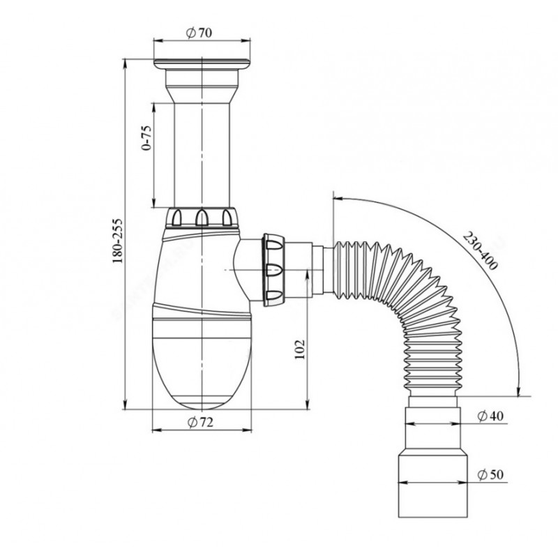 Сифон Unicorn B120 для кухонной мойки, литой выпуск 1 1/2" (&Oslash;40), чашка нержавейка, гибкий отвод &Oslash;40&times;&Oslash;40/50