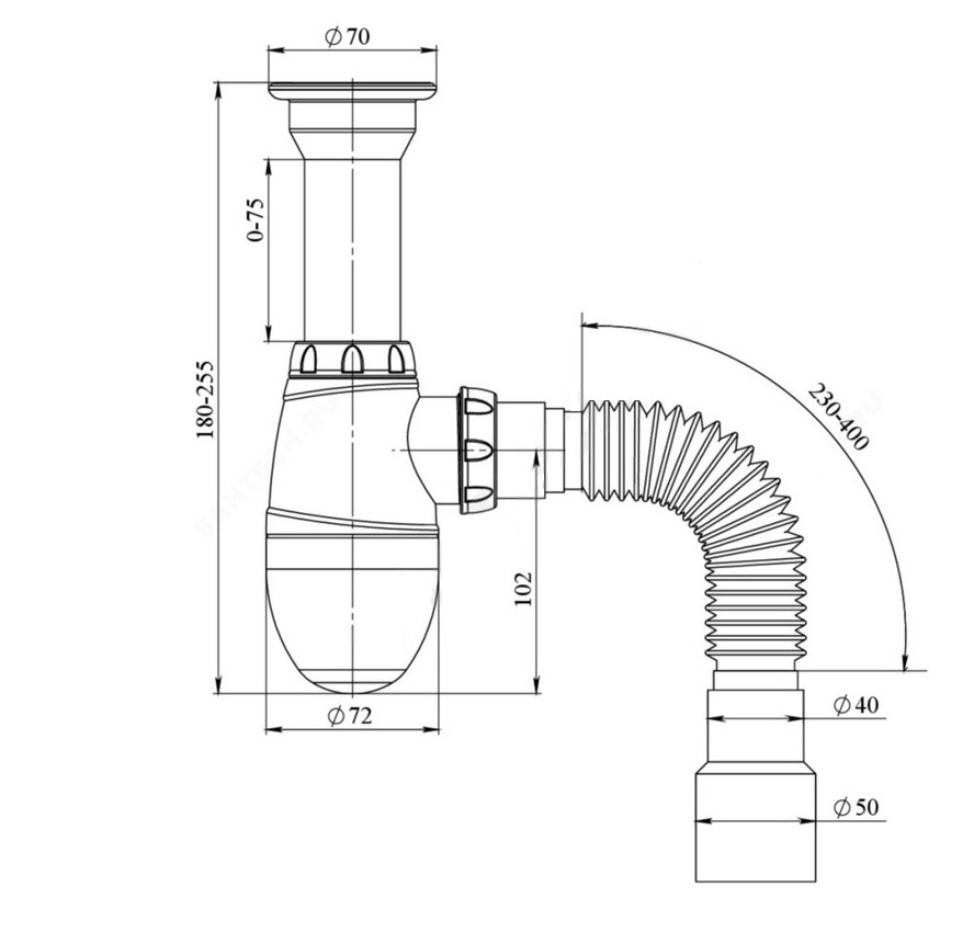 Сифон Unicorn B120 для кухонной мойки, литой выпуск 1 1/2" (Ø40), чашка нержавейка, гибкий отвод Ø40×Ø40/50