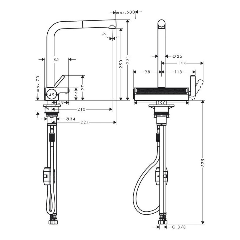 Смеситель для кухни Hansgrohe Aquno Select M81250мм, 2 режима, выдвижной Г-излив, душевой поток, хром