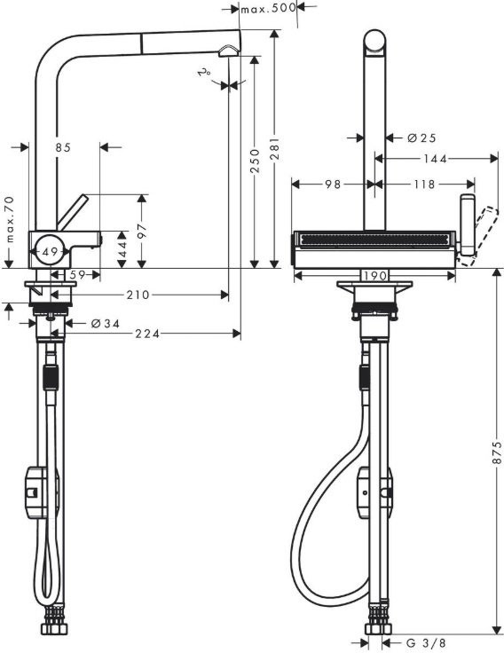 Смеситель для кухни Hansgrohe Aquno Select M81250мм, 2 режима, выдвижной Г-излив, душевой поток, хром