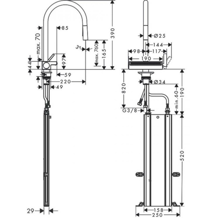 Смеситель для кухни Hansgrohe Aquno Select M81 165мм, 3 режима, Sbox, хромима, выдвижной U излив