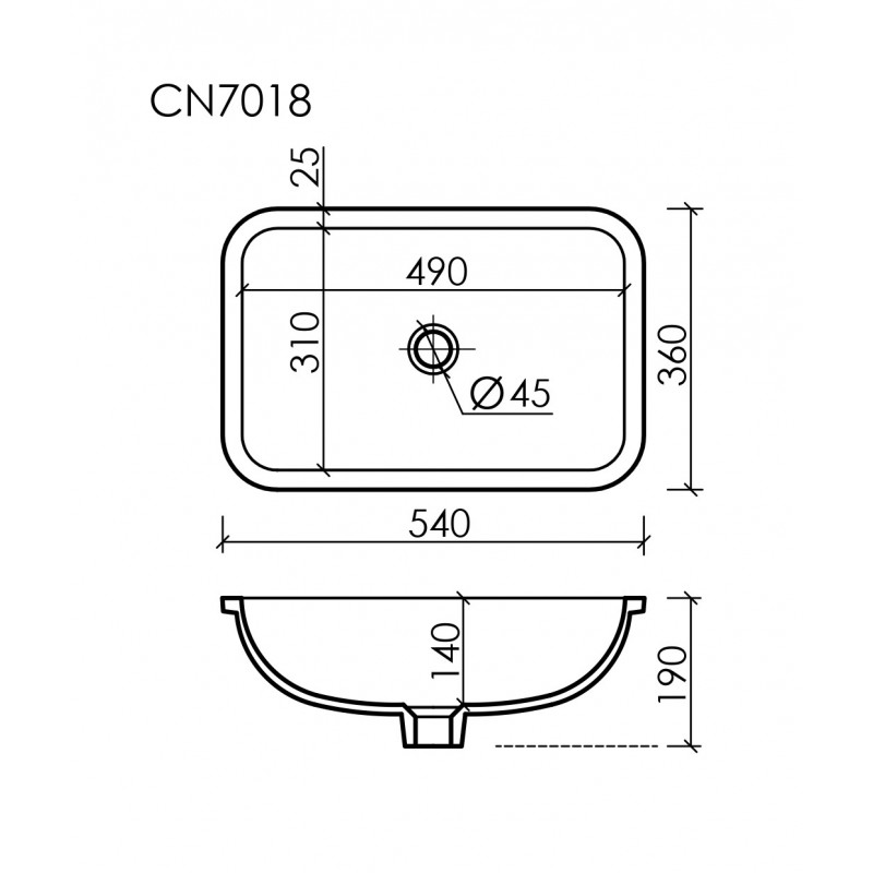 Раковина встраиваемая снизу под столешницу Ceramica Nova Element 540x360x190, с отверстием слива - перелива
