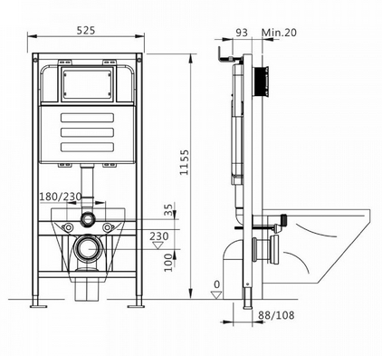 Инсталляция для подвесного унитаза Quwelle Pro 1150x525x110 с клавишей Quadra белая