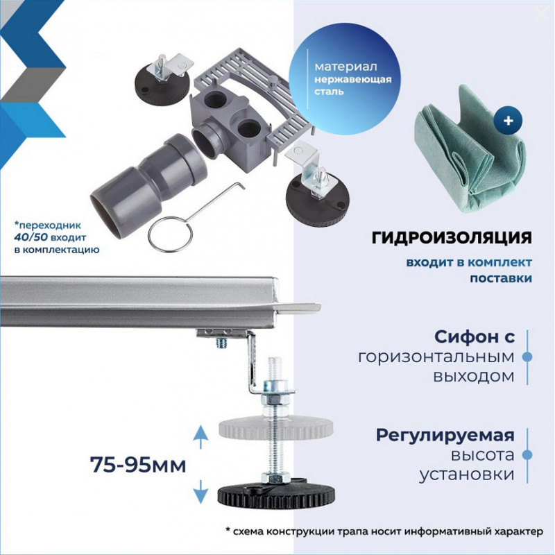 Трап для душа с гидрозатвором горизонтальный выпуск Quwelle Steel 10х50 c решеткой нержавеющая сталь