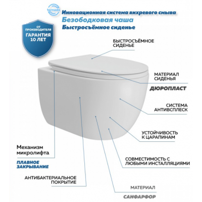 Унитаз подвесной безободковый 490x350мм Quwelle Elongated смыв Торнадо, белый, быстросъемное сидение с микролифтом