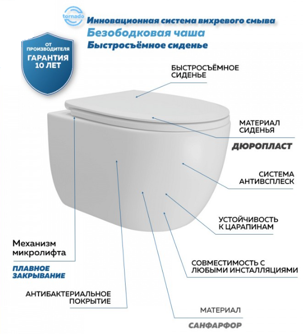 Унитаз подвесной безободковый 490x350мм Quwelle Elongated смыв Торнадо, белый, быстросъемное сидение с микролифтом