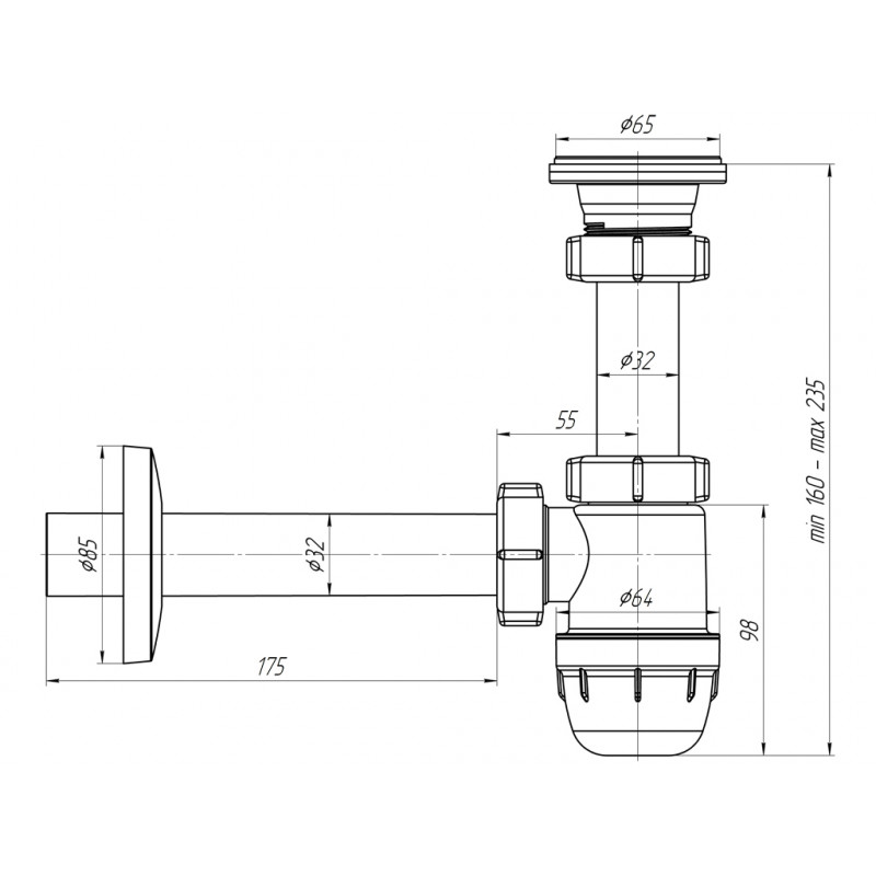 Сифон АНИ Юнг 1 1/4"*32 с прямой трубой 32 BM1003