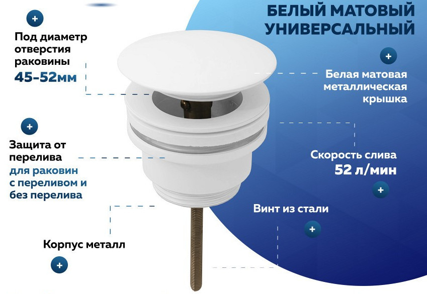 Донный клапан для раковины универсальный Quwelle белый матовый