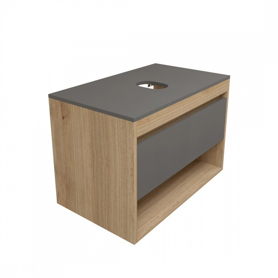 Тумба подвесная для ванной 75см Quwelle Box&Niche со столешницей, корпус дуб, фасад графит
